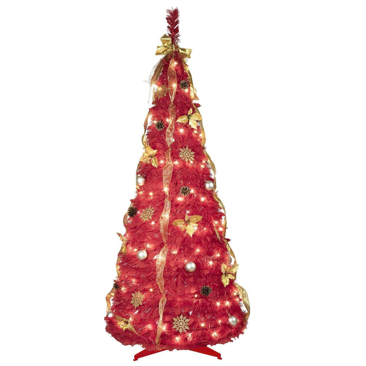Red pre-lit Christmas tree decorated with gold ribbon, baubles and pine cones