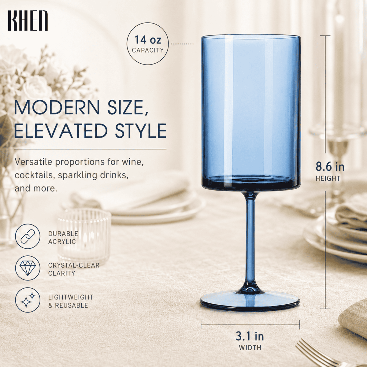 Blue stemmed square acrylic wine glass, 14 oz capacity, modern stem and base
