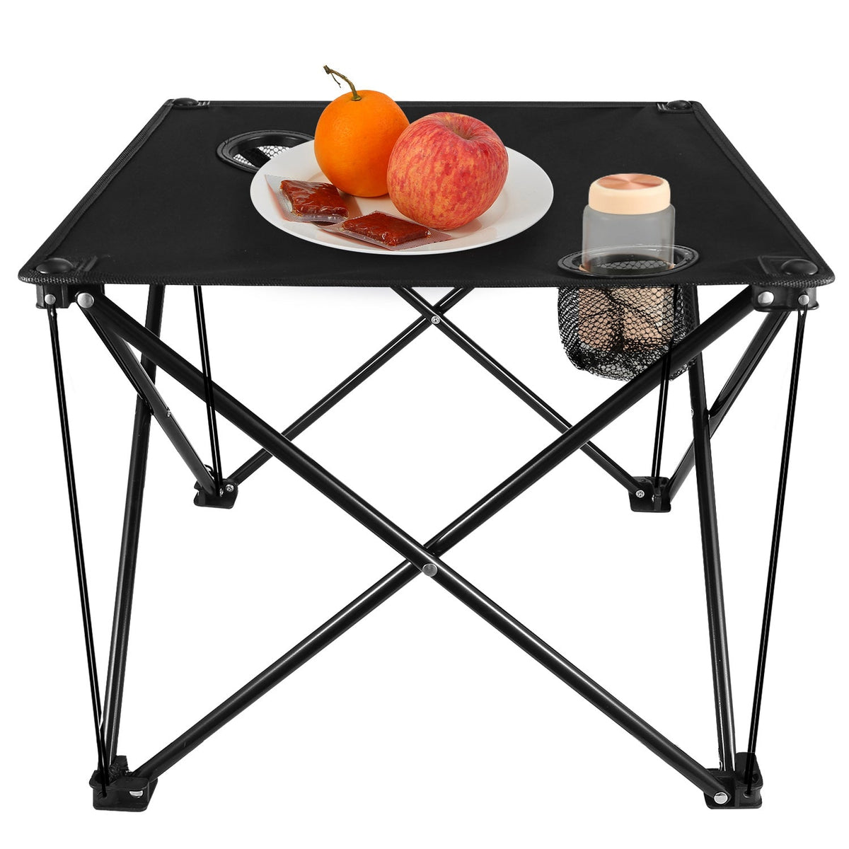 Foldable Camping Table – 600D Oxford Fabric, 44 lb Capacity | Cup Holder & Carry Bag | Camping, Picnic & Beach | Black