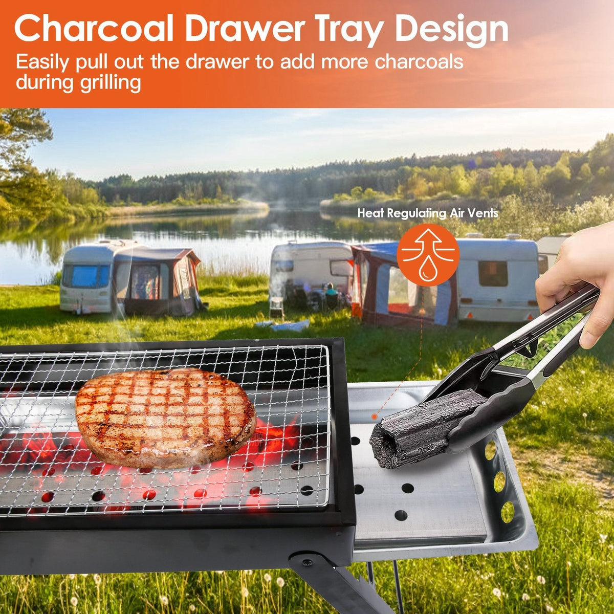 Foldable Charcoal BBQ Grill – Stainless Steel Grate, Pull-Out Charcoal Drawer | Portable Tabletop Grill for Camping & Picnics