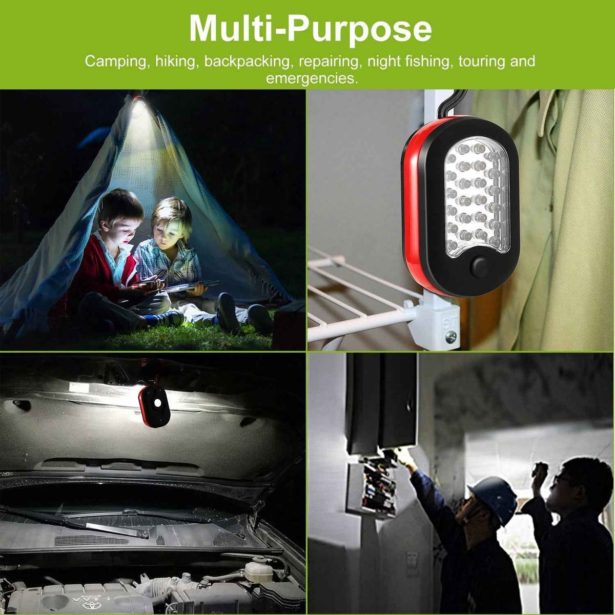 Compact LED Work Light – 27 LEDs, 100 Lumens | Magnetic Base & 360° Rotatable Hook | Camping, Repairs & Emergency