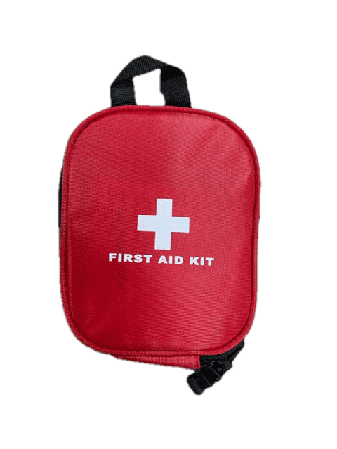 Compact red first aid kit case with white cross and black carrying loop