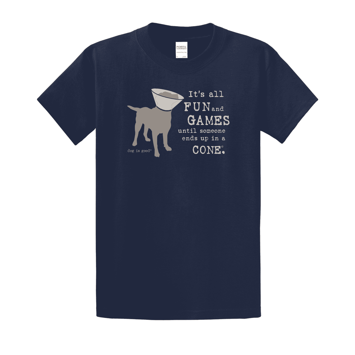 Navy short-sleeve T-shirt with dog wearing cone graphic and quote