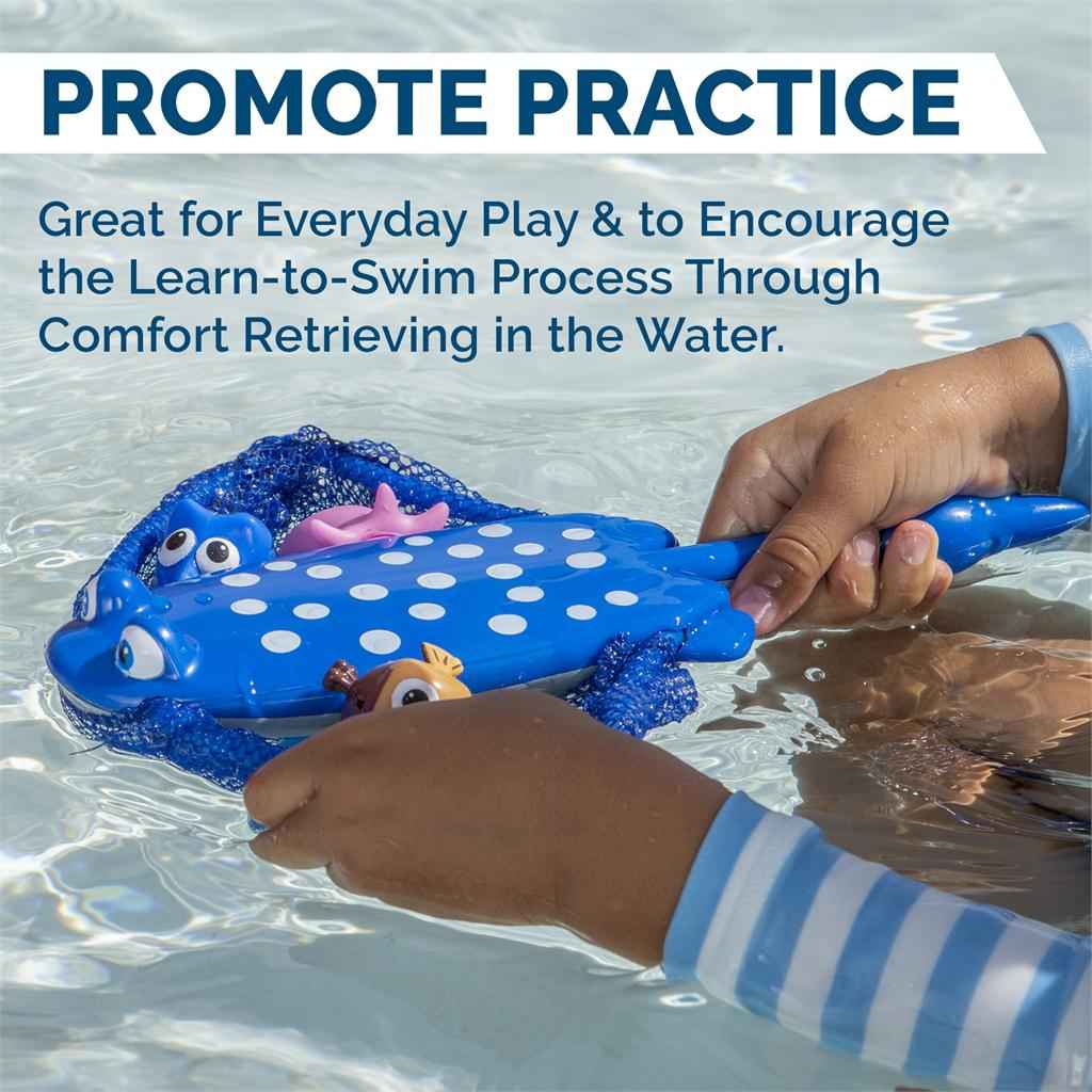 Blue dive-and-catch game toy in pool water, held by hands with mesh net