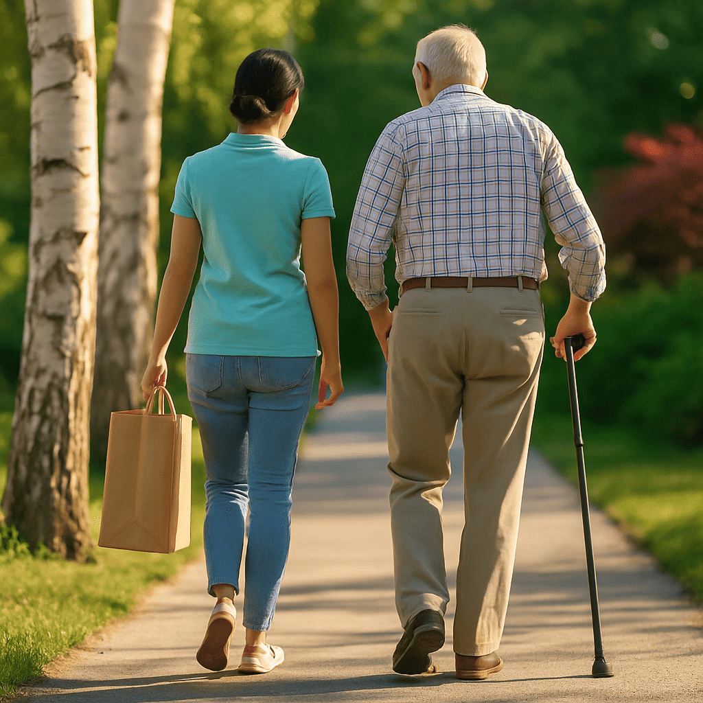 People walking with a black folding walking cane on an outdoor path
