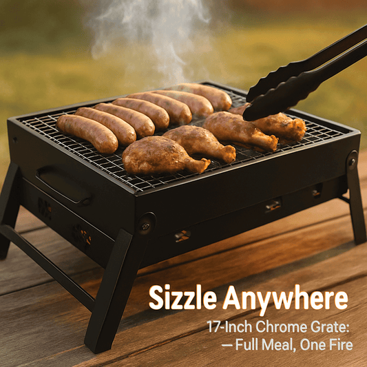 Black charcoal grill with sausages on wire grate and metal tongs