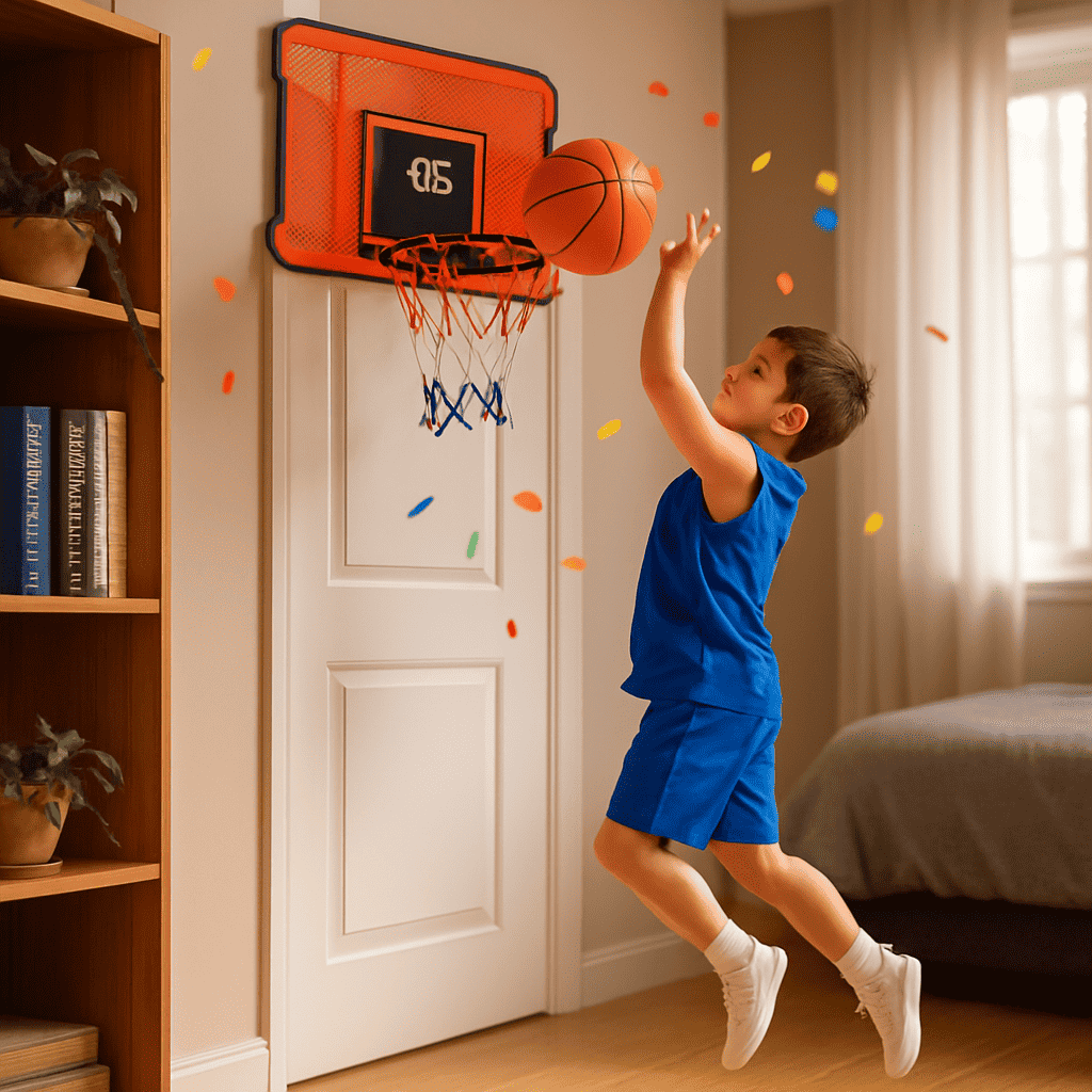Child playing with orange mini door basketball hoop and net