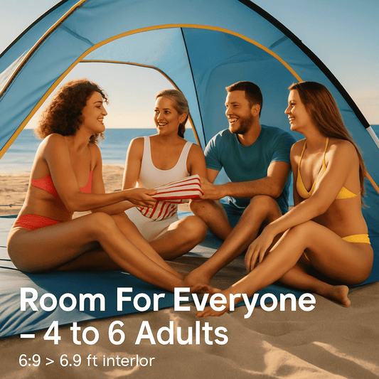 Blue dome beach tent interior with open front panels and yellow-trimmed doorway