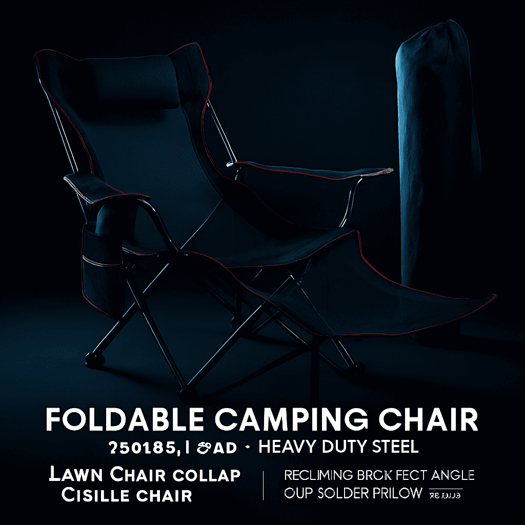 Blue foldable camping chair with padded headrest, breathable mesh, red piping