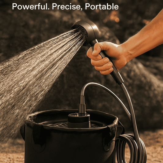 Portable camping shower sprayer with flowing water from a bucket