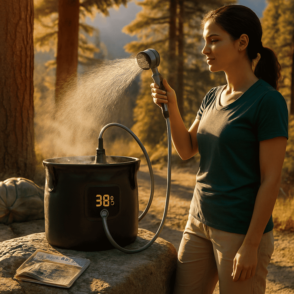 Person using portable camping shower with handheld sprayer and heated bucket