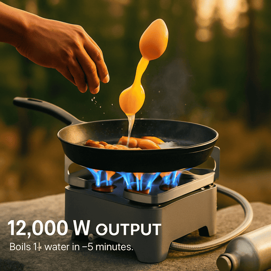 Portable camping stove with blue flame under a skillet, pouring cooking liquid