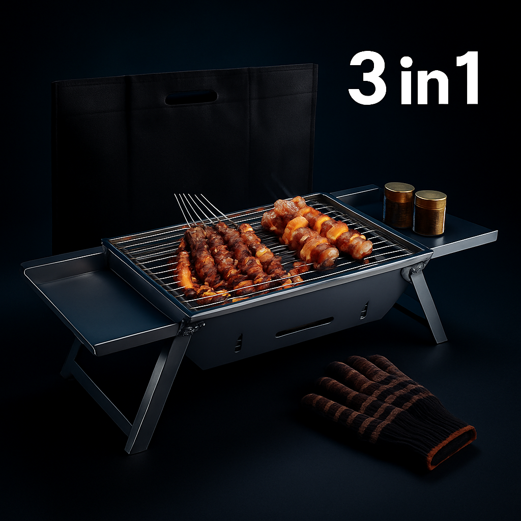 3-in-1 Foldable Charcoal Grill for Camping & Tailgating