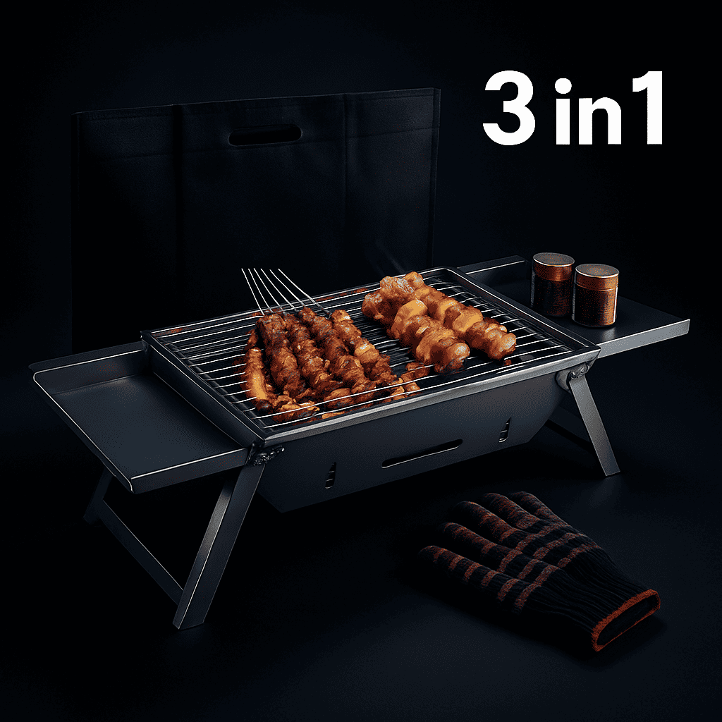Foldable charcoal grill with cooking grate, gloves, and included carry bag