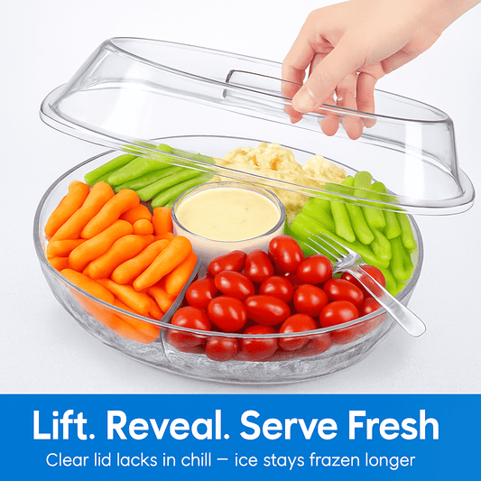 Clear 4-compartment fruit tray with lid; hand lifts lid over carrots, peas, tomatoes