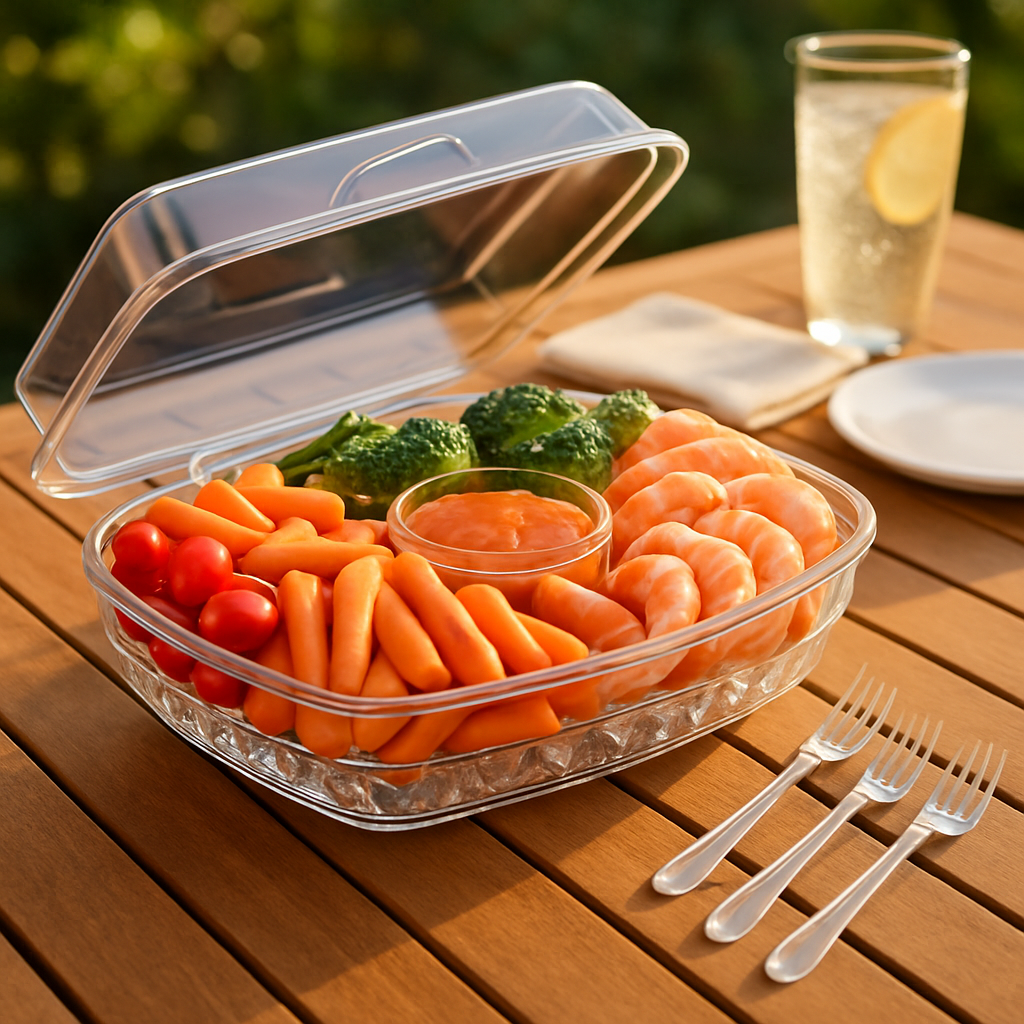 Fruit Ice Serving Tray with 4 Compartments – Lid, Tongs & Sporks Included