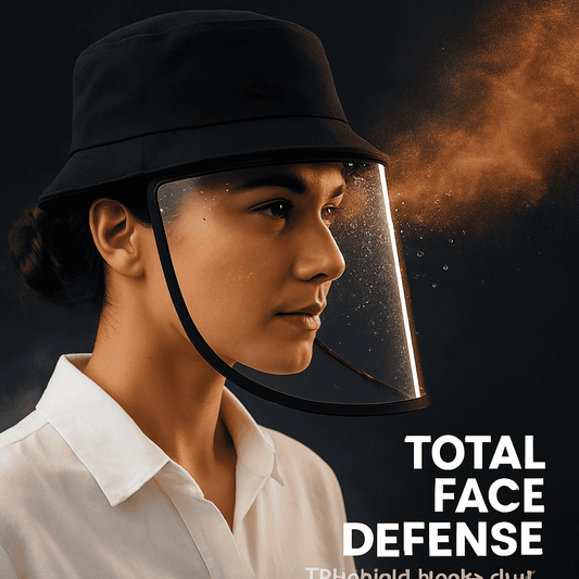 Black bucket hat with clear face shield covering eyes and upper face