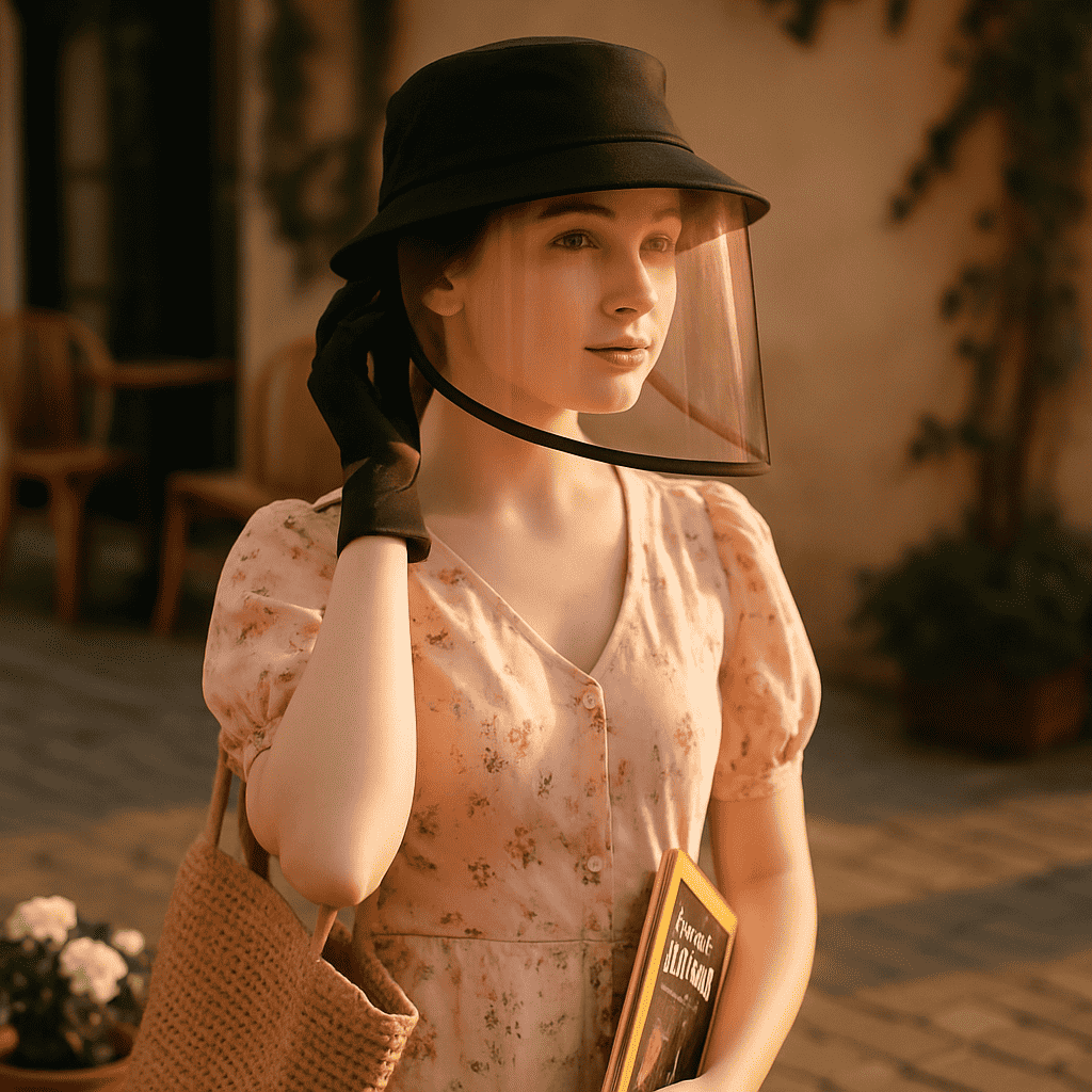 Woman wearing black bucket hat with clear face shield while outdoors