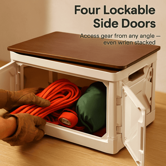 Open white collapsible storage bin with brown lid, side door, and gear inside