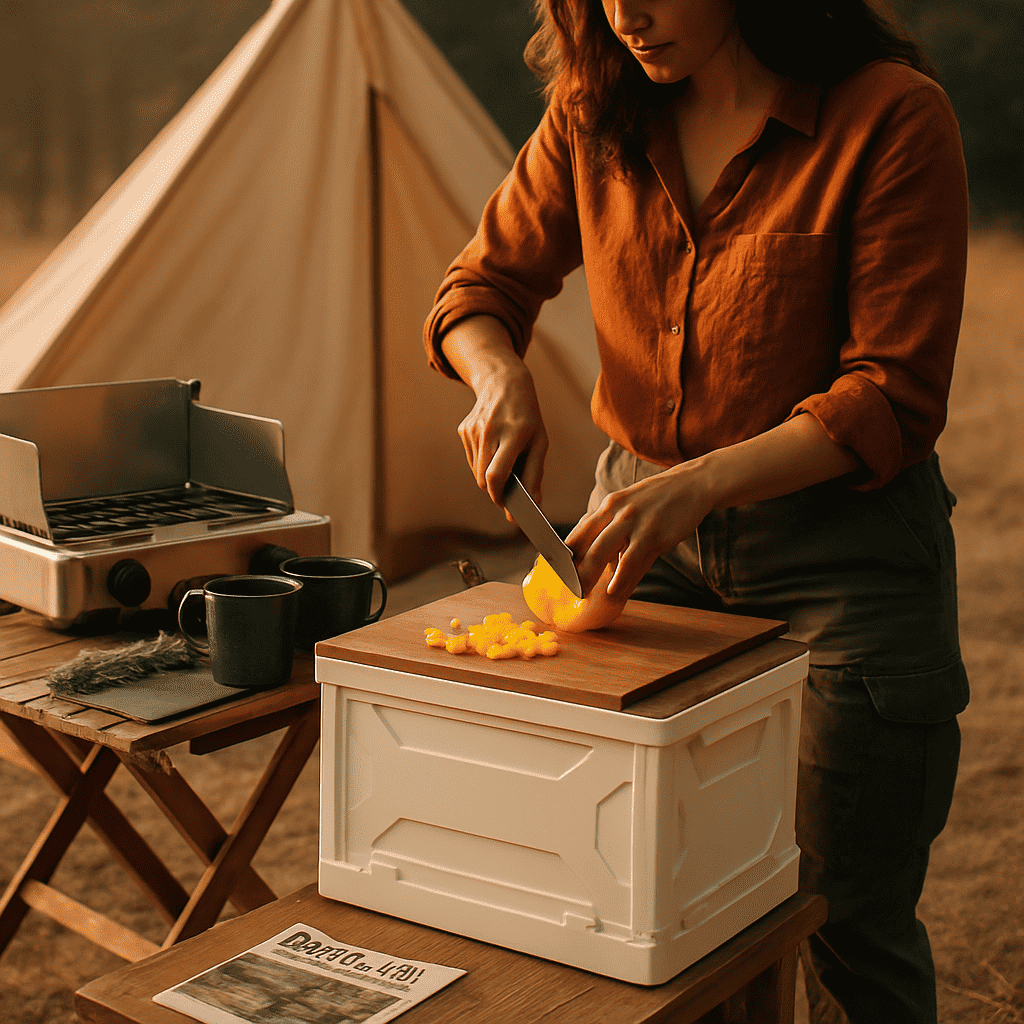 Collapsible storage bin with brown cutting board lid used as a prep table