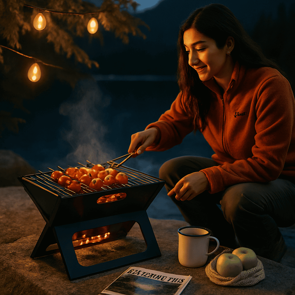 Foldable charcoal BBQ grill with lidless cooking grate and burning coals, black