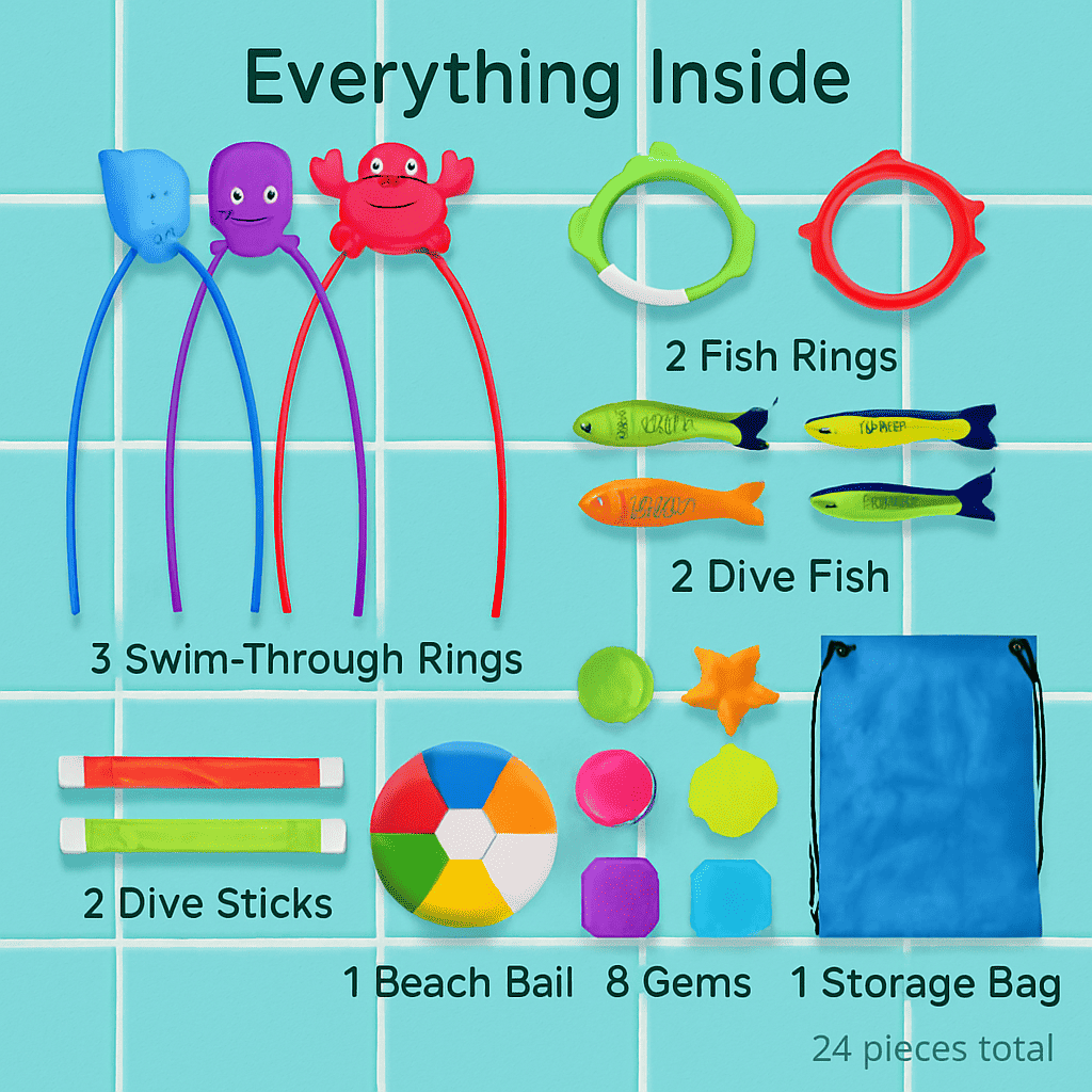 Kids diving pool toy set with swim-through rings, fish rings, dive sticks, gems, and storage bag