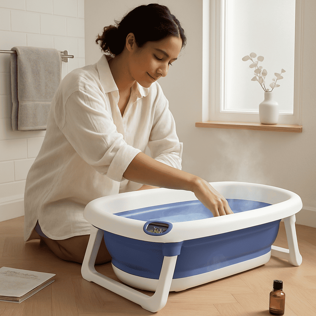 Baby bathtub with thermometer, blue basin and white foldable frame used on the floor