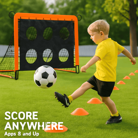 Portable soccer goal with black target panels, orange frame, and soccer ball