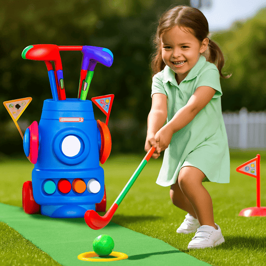 Blue golf cart toy with colorful clubs and balls; child swinging a putter outdoors
