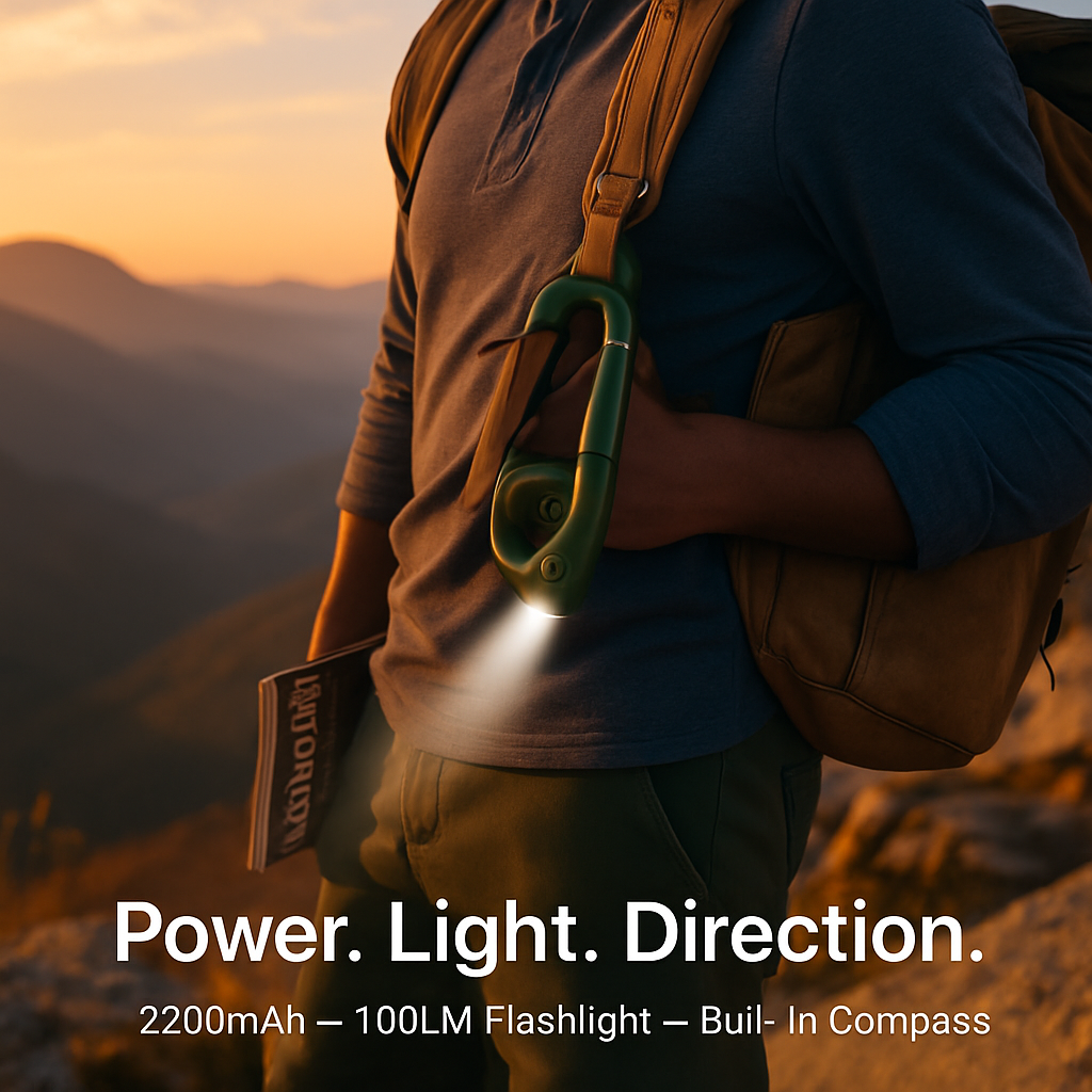 Carabiner Power Bank with LED Flashlight & Compass – 2200mAh | Hiking & Camping