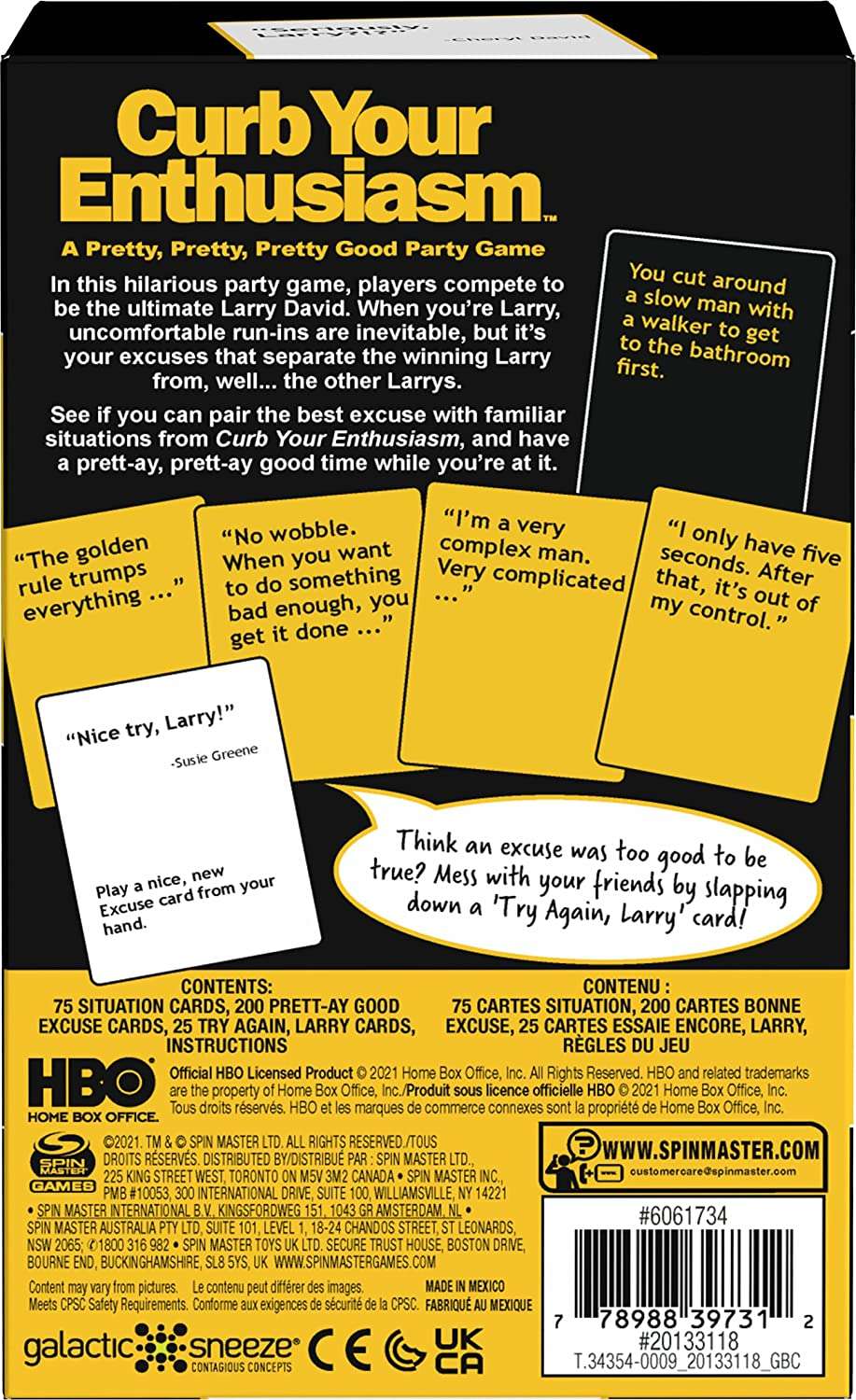 Curb Your Enthusiasm party game box with yellow and black front panel