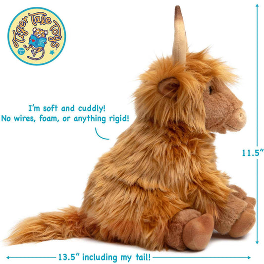 Standing brown Highland cow plush with raised head and curled horns