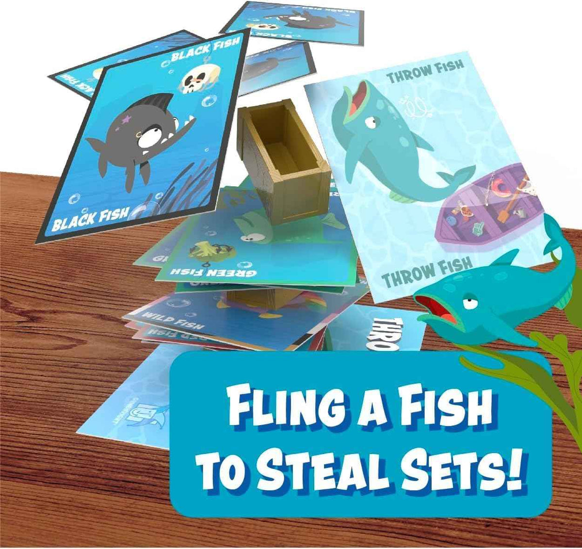 Throw Fish card game cards spread on table, featuring black fish and throw fish