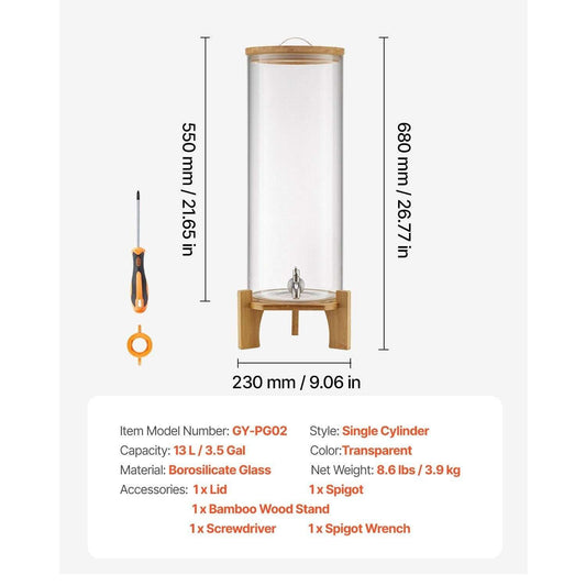 Tall clear glass beverage dispenser with bamboo stand and metal spigot, single lid
