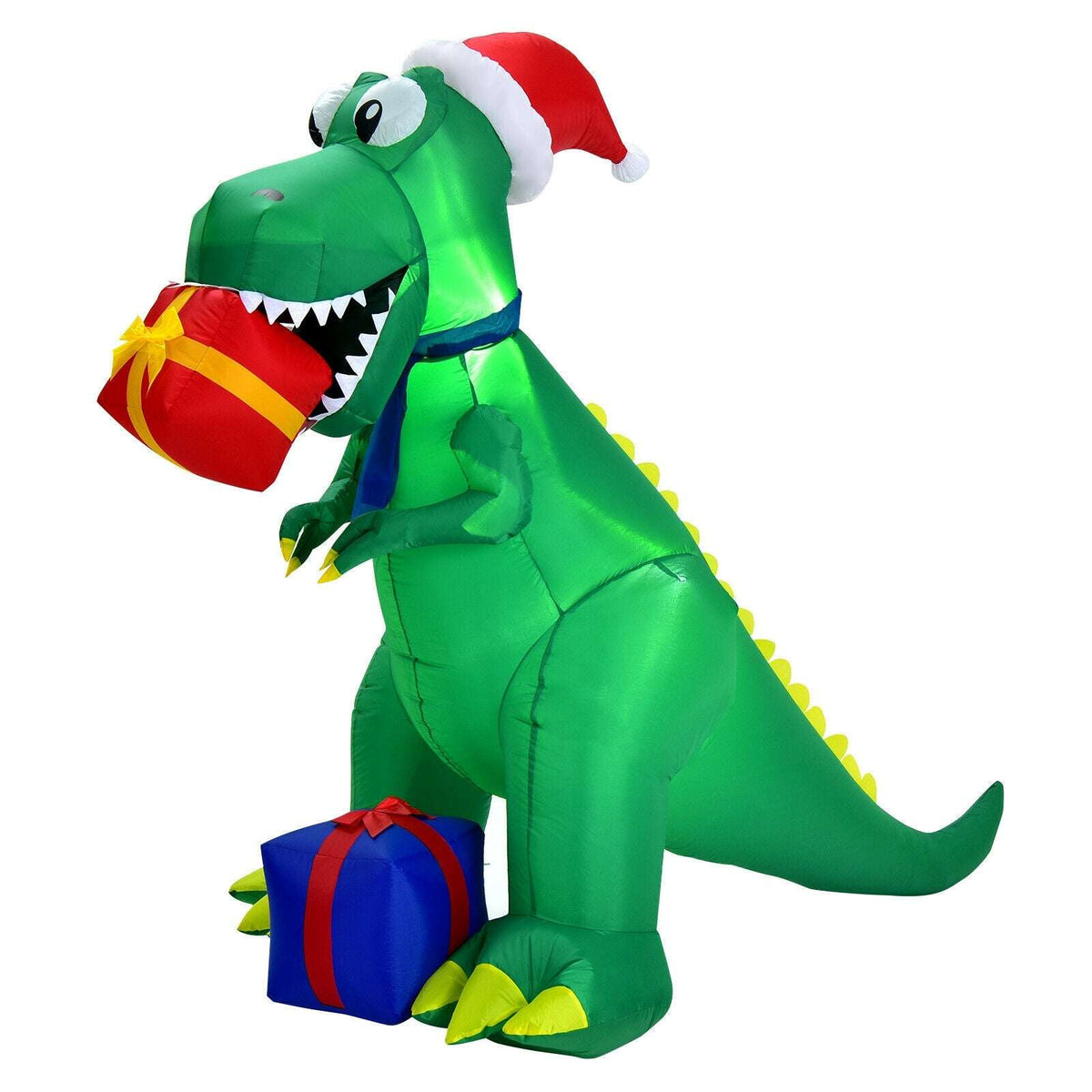 Green Christmas inflatable dinosaur wearing a Santa hat and holding a red gift
