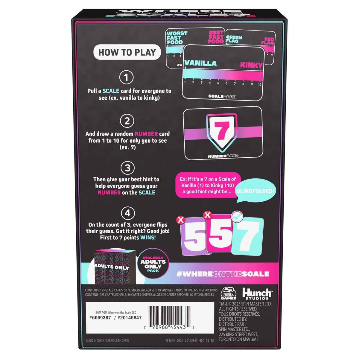 Back of Where on the Scale? adult party card game box with how-to-play instructions