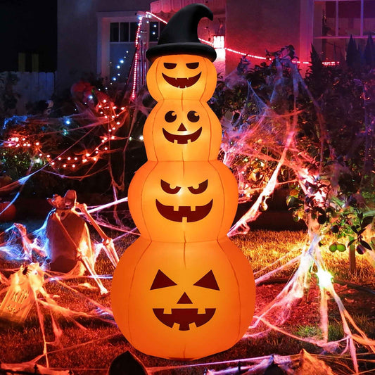Inflatable jack-o'-lantern pumpkin stack with witch hat glowing orange LED faces