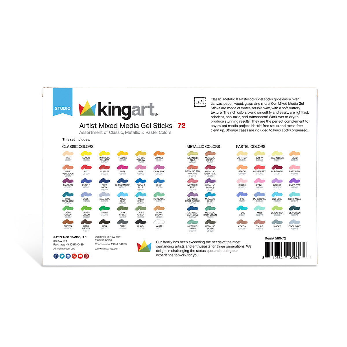 Kingart Mixed Media Gel Stick Crayons - 72 Colors Set