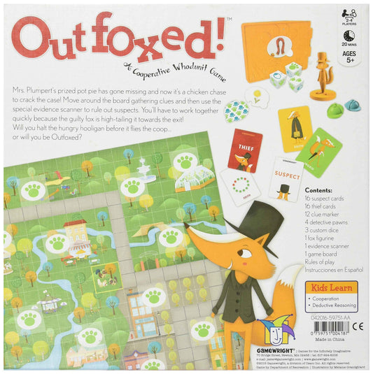 Cooperative whodunit board game back with illustrated rules text and game board layout