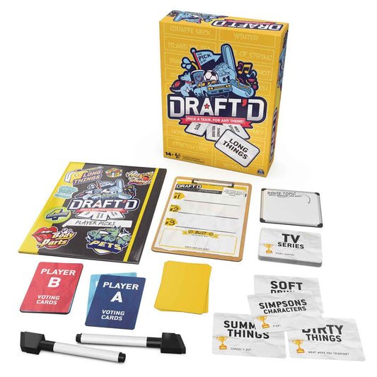 Party drafting game set contents with voting cards, markers, and themed slips