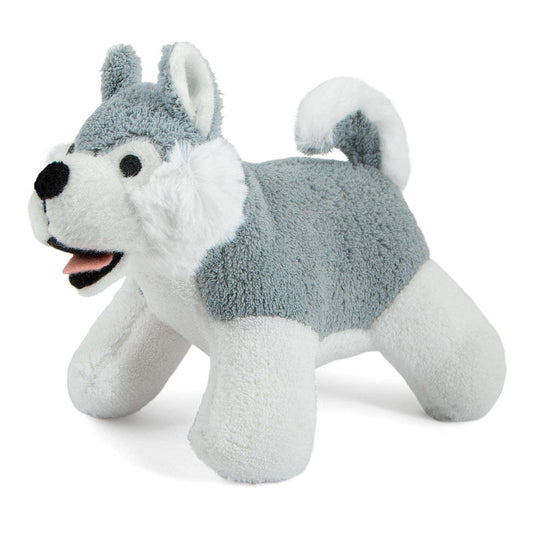 Gray-and-white squeaky plush dog toy with blue ears and dark nose