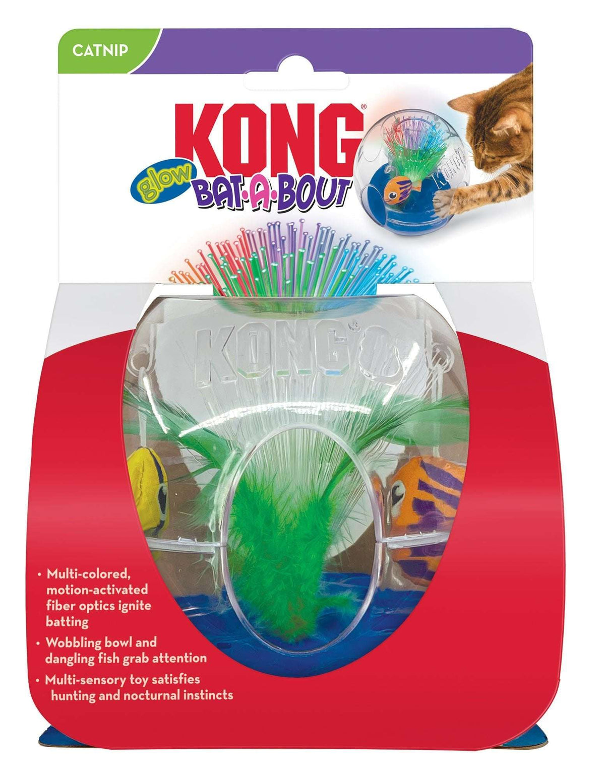 KONG Glow Bat-A-Bout aquarium cat toy in blister packaging with catnip window