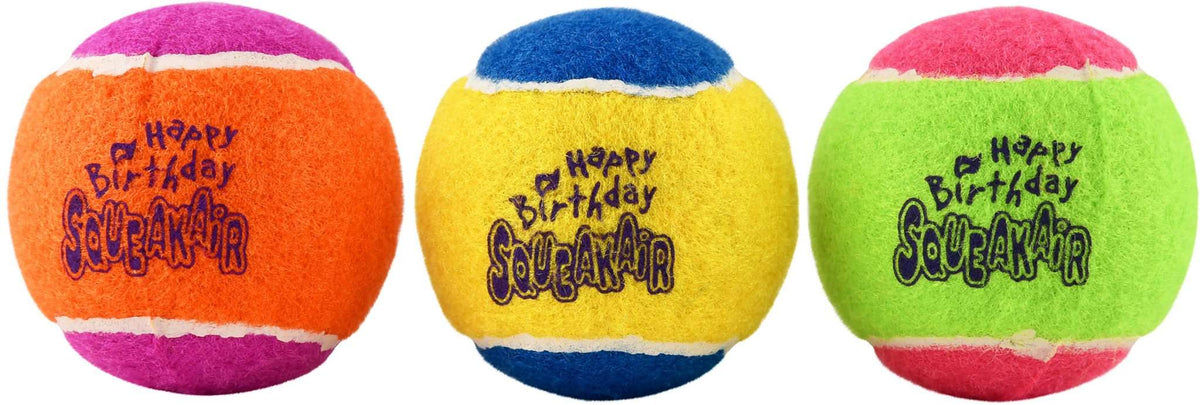 Set of 3 plush squeaky birthday tennis balls with Happy Birthday on each ball