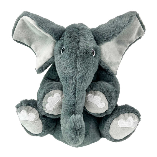 Gray plush elephant dog toy with long ears and white heart paw appliques