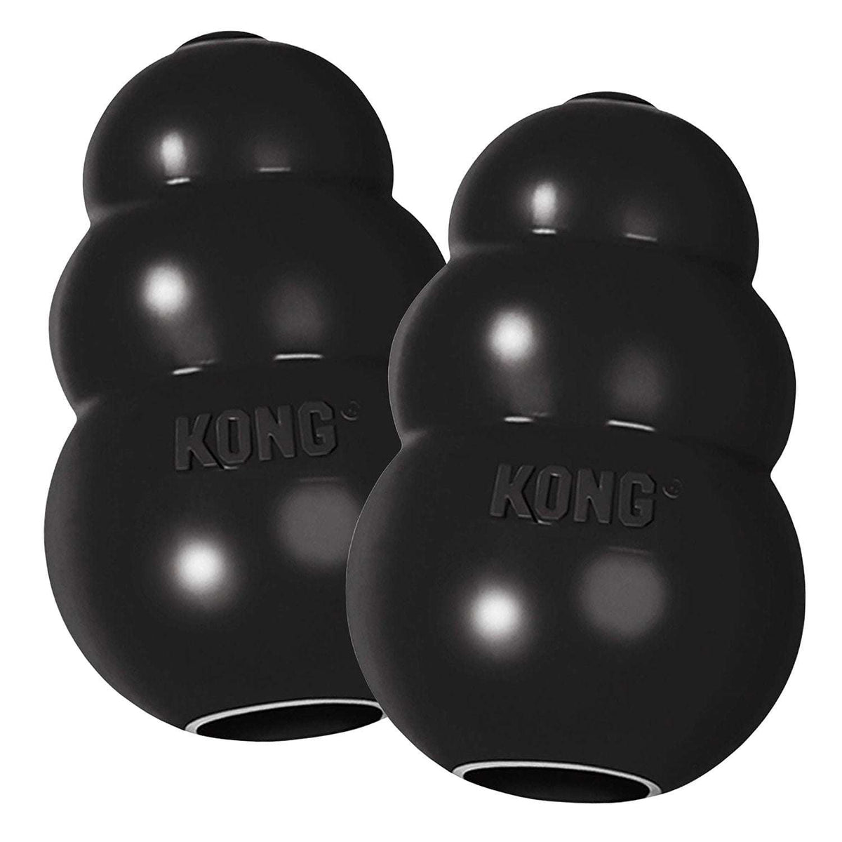 Two black KONG rubber chew toys, rounded domed shape with KONG logo