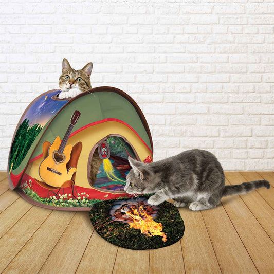 Pop-up cat hide-and-play tent with illustrated landscape and arched doorway