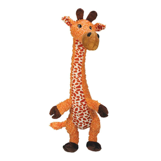 Large plush giraffe dog toy with orange body, brown spots, long legs, squeaker