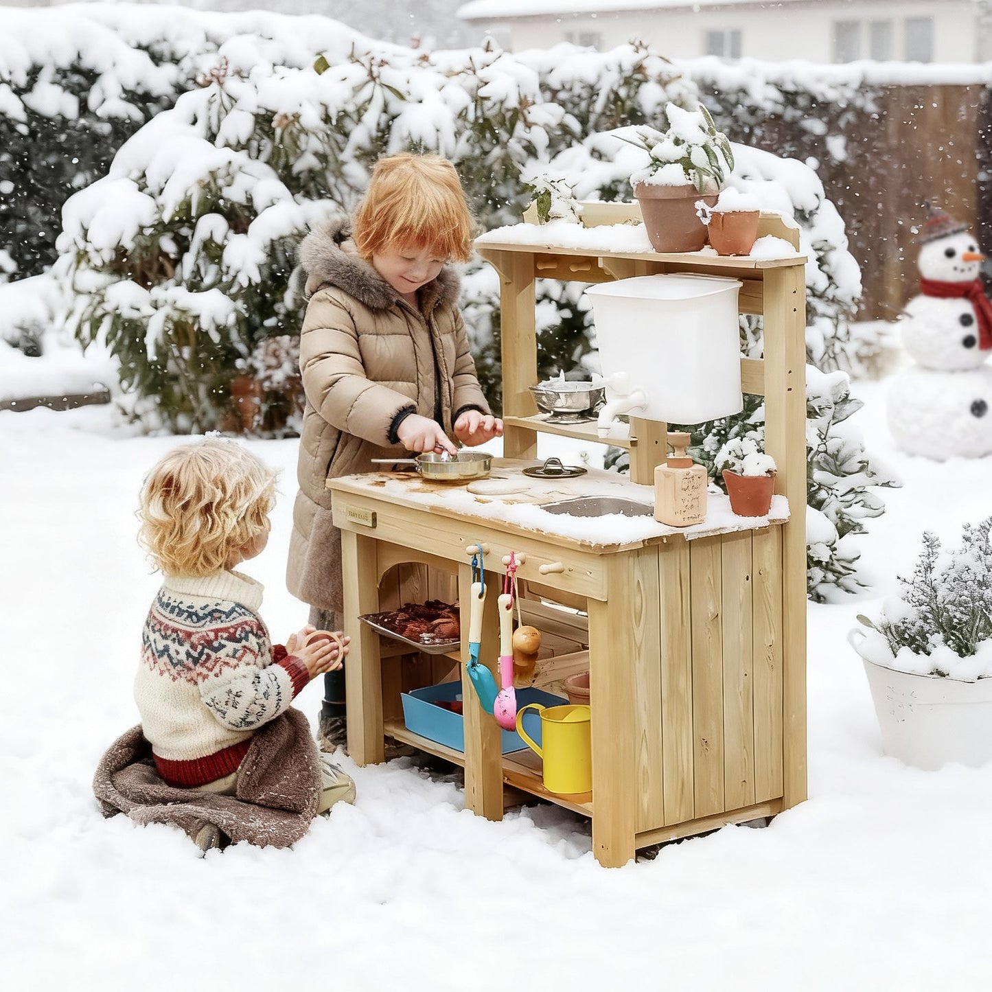 Snow outdoor use: wooden mud kitchen with white water tank and sink for kids play