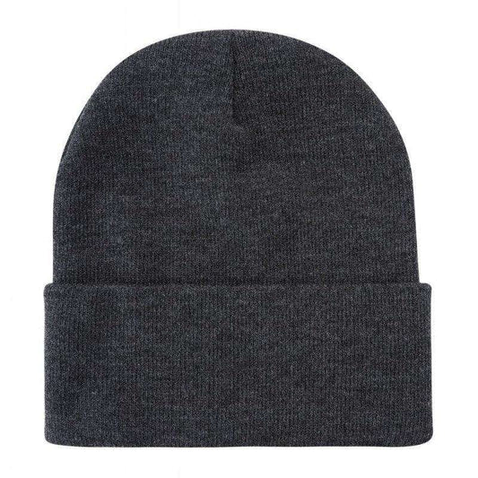 Long slouchy knit beanie hat in dark gray, folded cuff, vertical center seam