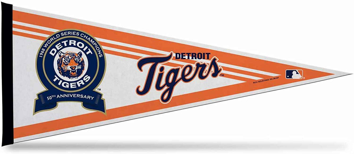 Detroit Tigers 50th anniversary soft felt pennant with World Series logo and striped design